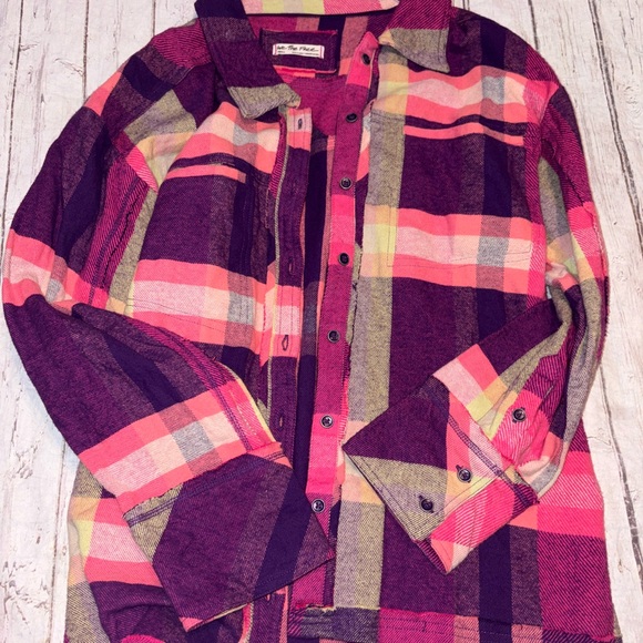 We the Free so long summer plaid flannel oversized button down pink/purple S - Picture 3 of 7